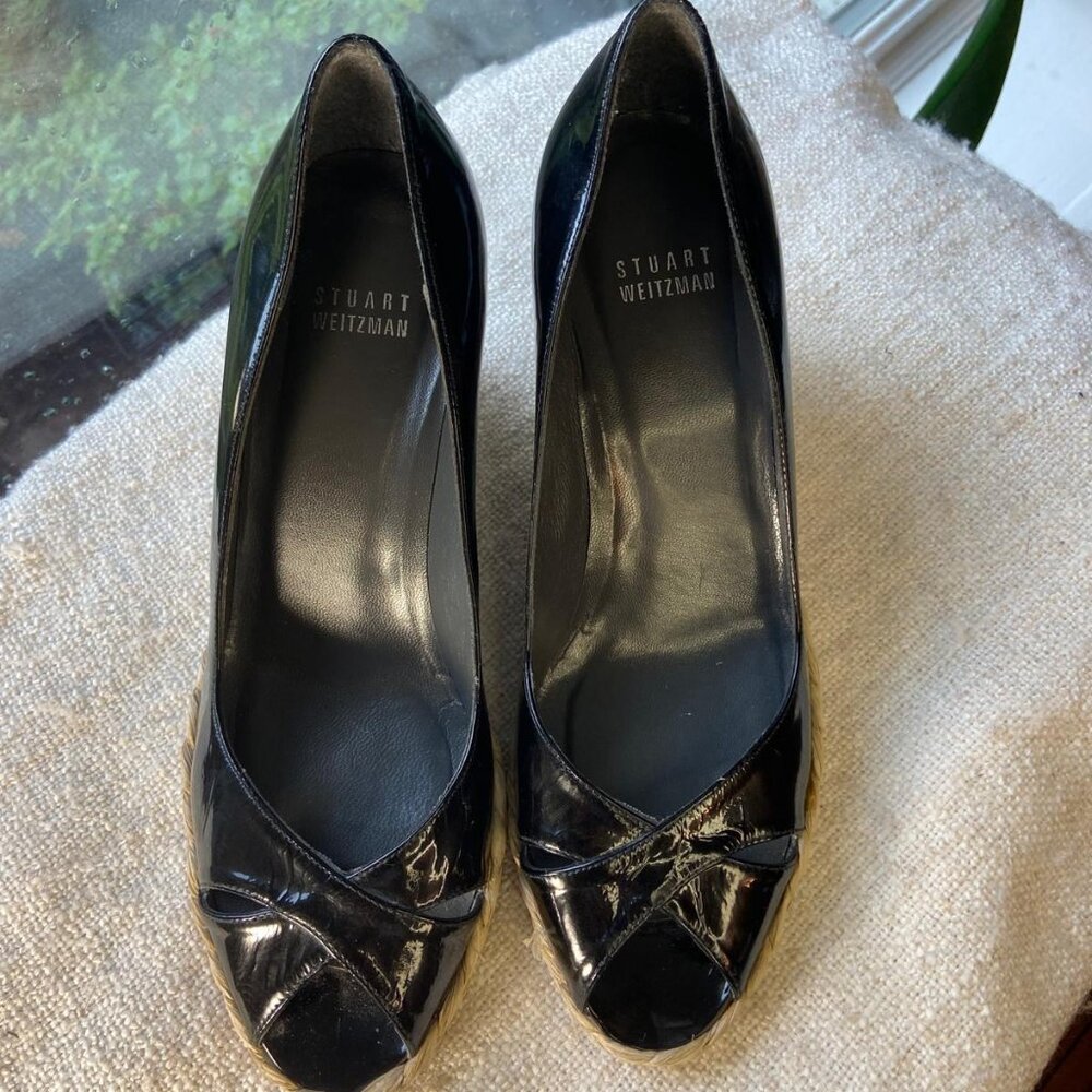 Stuart Weitzman Black patent leather Peep Toe Wedge Espadrilles, Size 8.5